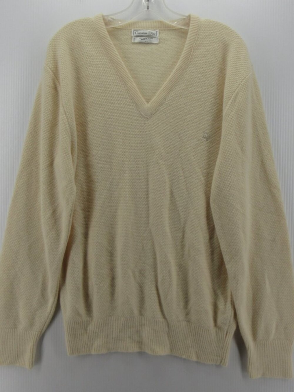 VINTAGE Christian Dior Sweater Large Cream 80s 90s Orlon Pullover Logo